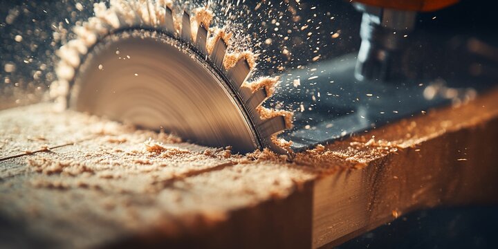 Buzzsaw rips through wood creating sawdust