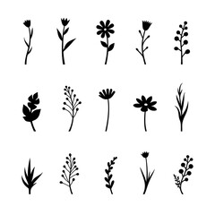 set of silhouettes of plants, set of black silhouettes of flowers, Set of floral design elements