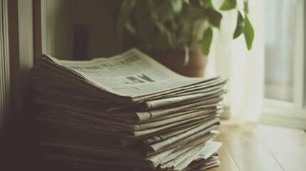 Stack of Newspapers Near Window, Serene Morning