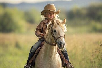 A child rides a horse. Good time. Equestrian sport