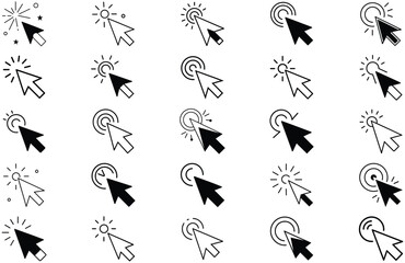 "Vector Cursor Icon Collection &ndash; Black Silhouette and Line Art Set Featuring Arrow Pointers, Hand Click Icons, and Computer Mouse Symbols. Isolated Digital UI Elements Perfect for Web Design, Apps, In