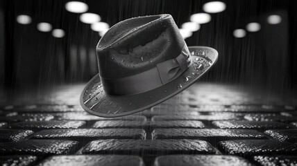 Monochrome Fedora in Rainy Cityscape Reflecting a Noir Atmosphere