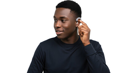 A smiling man is pictured adjusting a technological device on his ear, set against a stark black background, showcasing modern assistive technology.