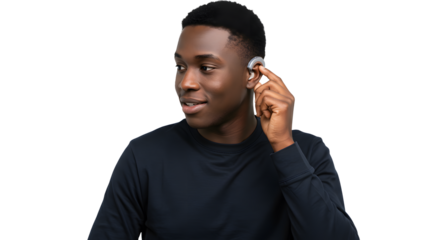 A smiling man is pictured adjusting a technological device on his ear, set against a stark black background, showcasing modern assistive technology.