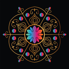 Vibrant Rainbow Mandala with Golden Floral Design