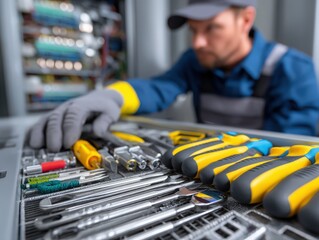 Fototapeta premium an HVAC technician working on a unit, detailed tools