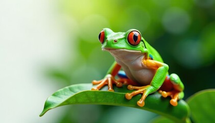 Obraz premium Green tree frog perched on white, vibrant skin, delicate, frog, cutout