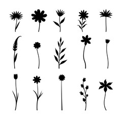 set of black silhouettes of flowers, Set of floral design elements