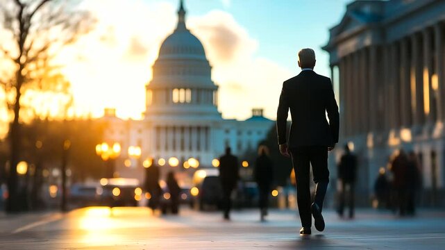 A soft-focus image of a political debate occurring near the Capitol, with blurred figures indicating the fluid nature of political discourse and decision-making.