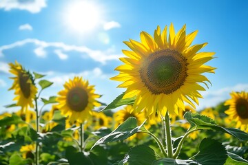 Fototapeta premium Bright Summer Sky with Vibrant Blooming Sunflowers Field
