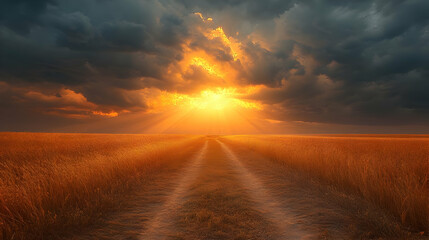 Vibrant Sunset Over Golden Wheat Field with Dirt Road