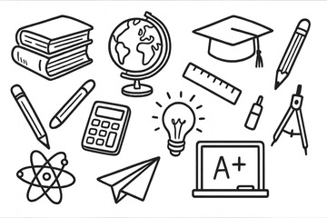 Fototapeta premium Black and white illustration featuring various school supplies such as pens, pencils, ruler, and notebook isolated on transparent background.
