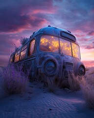 A bus half buried in a sandy desert, glowing softly in pastel tones as windblown plants grow nearby A bus partially buried in desert sands, glowing pastel hues with windblown flora surrounding it 