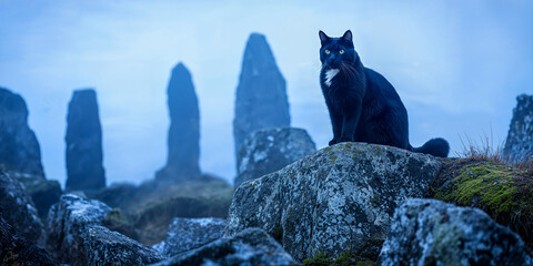 The cat-sìth of Celtic mythology with menhir standing stones, wide banner, copyspace