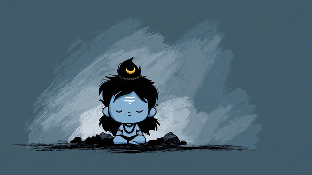 A cute cartoon version of master shiva meditating, with a crescent moon on his head, exudate tranquility.