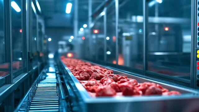 A temperature-controlled environment where fresh raw chicken pieces travel along a smooth conveyor belt, with safety protocols strictly enforced.