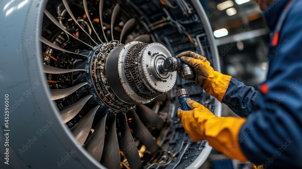 Poster airplane inspection worker concept, worker applying lubricant to moving parts inside an engine durin