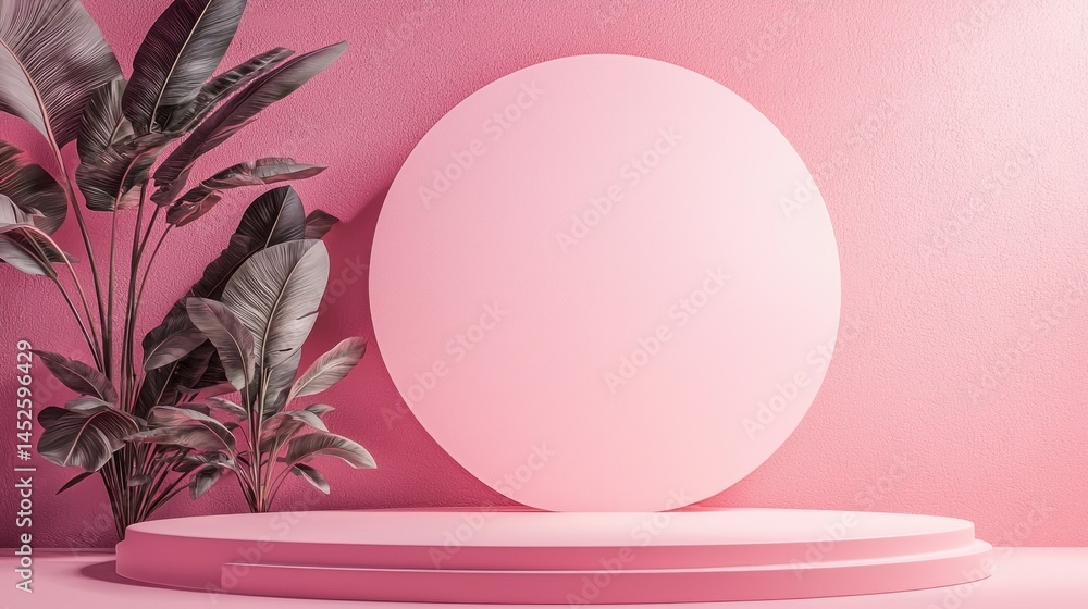 Poster a stylish pink podium is set against a matching circular backdrop, complemented by tropical plants. 
