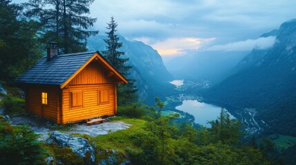 Fototapeta premium Alpine cabin perched on hillside overlooking lake at sunset
