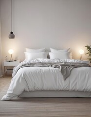 Crisp white bedding, king-size bed, Scandinavian minimalist bedroom ,  contemporary,  calm,  simple decor