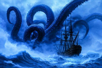 Enormous dark tentacles emerging from the sea and attacking a ship, eldritch monster