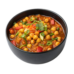 Chana Masala on black bowl top view isolated on white background