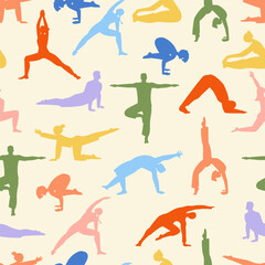 Pattern with silhouette of people doing yoga asana. Exercises for strength, balance, and mindfulness.The concept of yoga,meditation,sports,healthy lifestyle Illustration for apps banners leafout