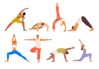 Set with people doing yoga asana wearing workout clothes. Exercises for strength, balance, and mindfulness.The concept of yoga,meditation,sports,healthy lifestyle Illustration for apps banners leafout