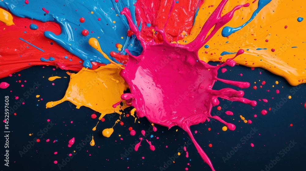 Poster colorful paint splash on dark background creating dynamic visuals
