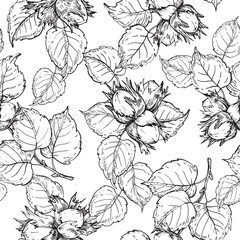 Hazelnut seamless pattern with branch, leaves and fruits. Vector black and white background hand drawn with ink. Graphic ornament for label and logo design