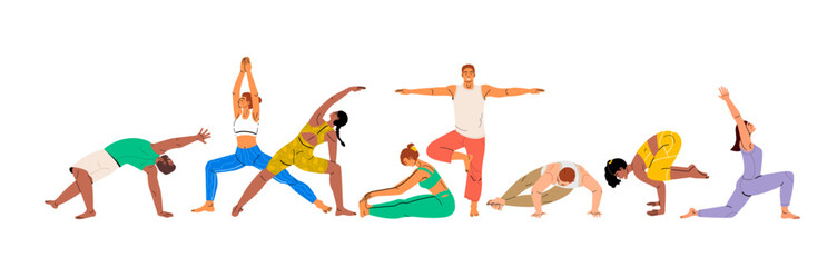 Fototapeta premium Set with people doing yoga asana wearing workout clothes. Exercises for strength, balance, and mindfulness.The concept of yoga,meditation,sports,healthy lifestyle Illustration for apps banners leafout