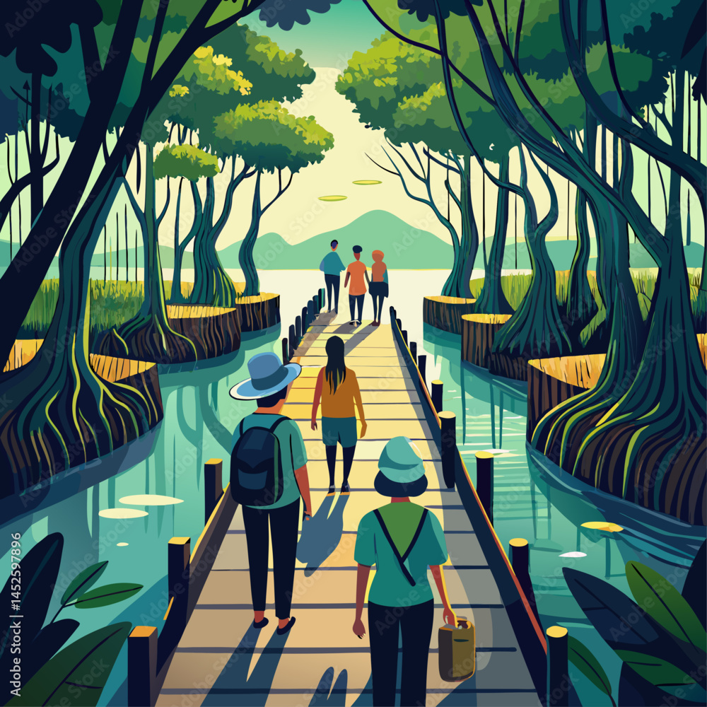 Poster a group of people are walking on a bridge over a river. the bridge is surrounded by trees and the wa
