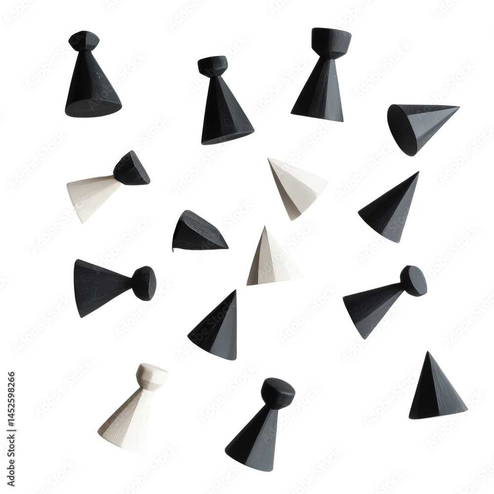 Poster Abstract arrangement of geometrically shaped figures, contrasting light and form on seamless canvas