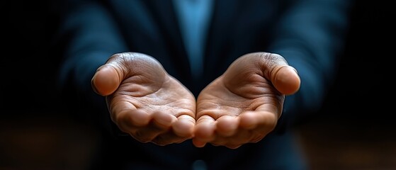 Person in dark suit, cupped hands outstretched, palms up in giving gesture on dark background