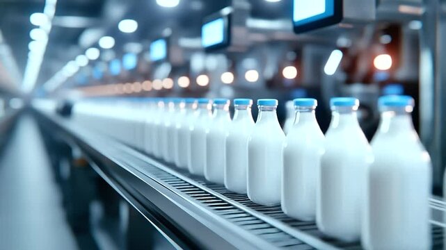 An expansive view of a dairy factory with multiple conveyor belts transporting milk bottles towards automated capping and labeling machines.