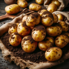 Fresh Potatoes with Soil on Rustic Surface, Farm-to-Table Style