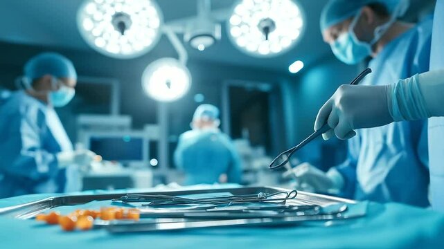 An open surgical tray displaying specialized instruments, while surgeons in the background operate with utmost concentration on a transplant procedure.