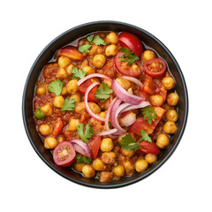 Chana Masala on black bowl top view isolated on white background