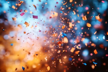 Abstract Celebration Background With Falling Confetti Orange And Blue Tones Festive Atmosphere Party Event Anniversary New Years Eve Background Image Full Frame Bokeh Effect