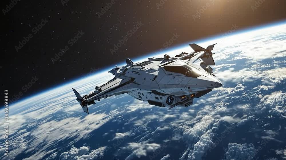 Poster A futuristic spaceship, sleek and angular, glides above Earth, illuminated by a warm sunrays. The metallic surface reflects surrounding cosmos. Varied cloud textures and atmospheric blues create depth