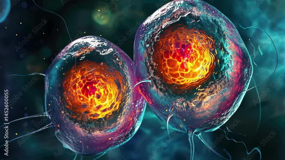 Poster Cellular division process in detail showcasing vibrant interactions and energy exchanges in a 4K environment surrounded by abstract backgrounds