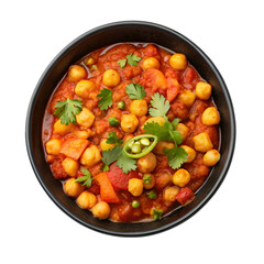 Chana Masala on black bowl top view isolated on white background