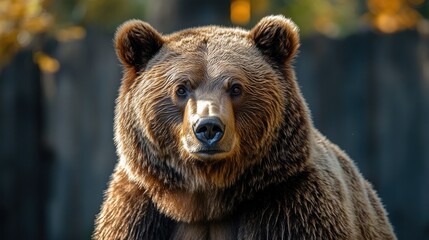 Brown bear portrait, autumn forest background, zoo enclosure