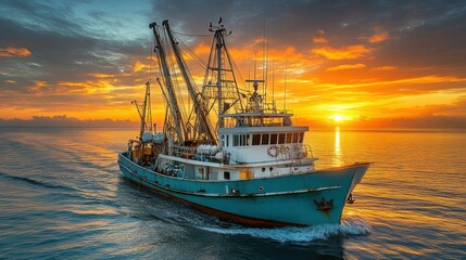 Obraz premium Fishing trawler returning sunrise ocean