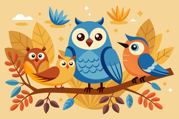Cute Owls and Bird on Autumn Branch Illustration