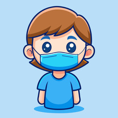 Cute Cartoon Girl Wearing a Blue Protective Face Mask