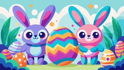 Adorable Easter Bunnies with Colorful Easter Eggs