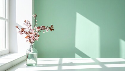 ミントの壁に差し込む春光と、桜の小枝が入ったガラス瓶が描き出す柔らかな季節の気配