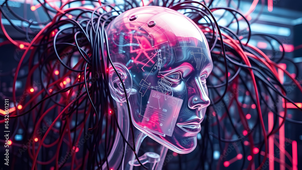 Poster abstract digital overload a transparent head enshrouded in a network of wires