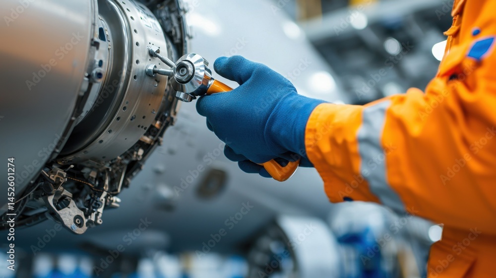 Poster airplane inspection worker concept, skilled worker using torque wrench to secure component in modern